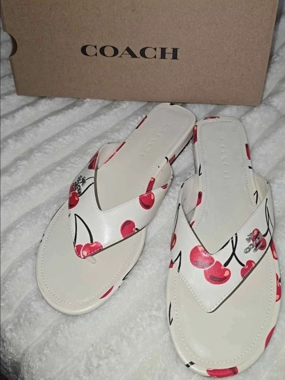 COACH White Leather Bridgette Sandals with Cherry Print